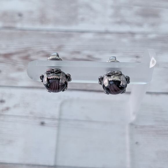 Vintage Clip On Earrings Dark Purple with Dark Silver Tone Ornate Setting - Picture 6 of 12